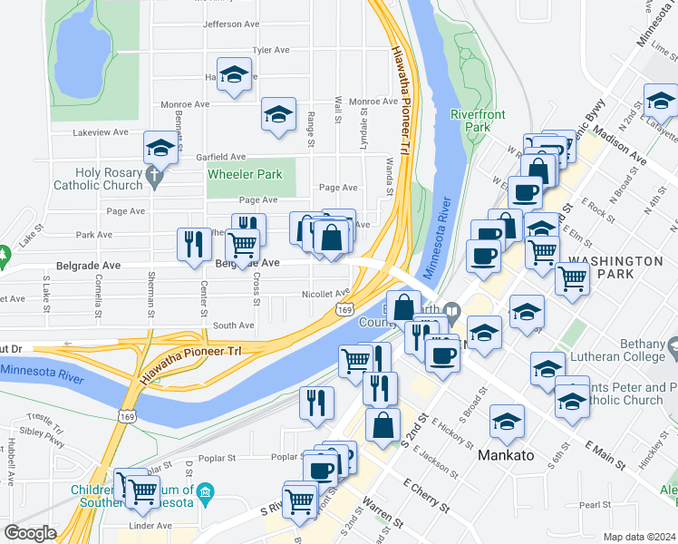 map of restaurants, bars, coffee shops, grocery stores, and more near 250 Belgrade Avenue in North Mankato
