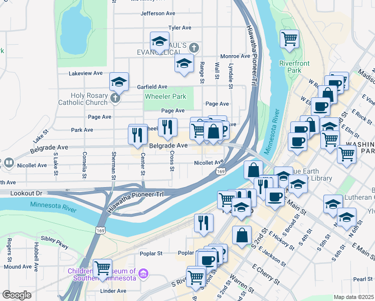 map of restaurants, bars, coffee shops, grocery stores, and more near 314 Belgrade Avenue in North Mankato