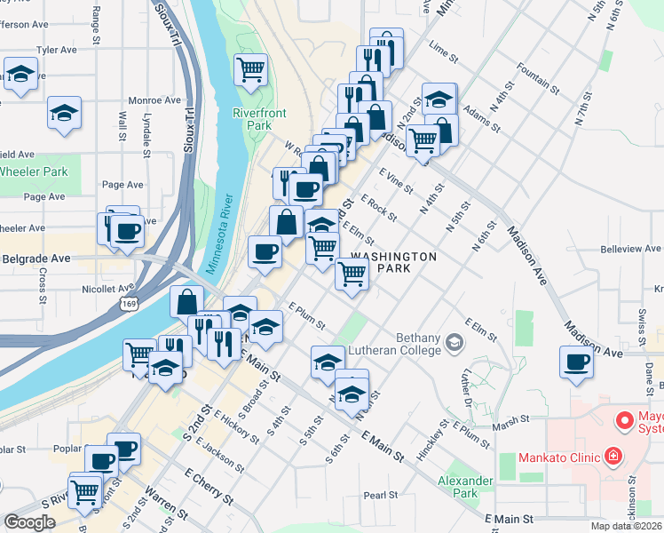 map of restaurants, bars, coffee shops, grocery stores, and more near 501 North 2nd Street in Mankato