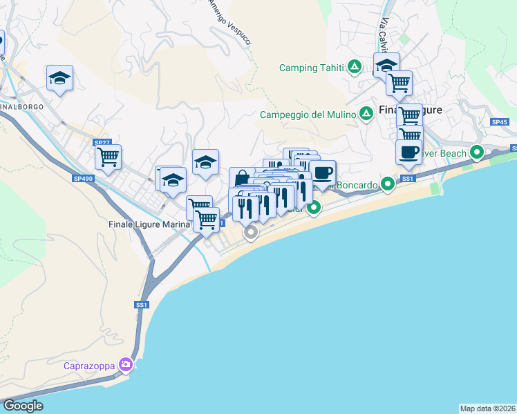 map of restaurants, bars, coffee shops, grocery stores, and more near Via Gian Lorenzo Bernini in Finale Ligure