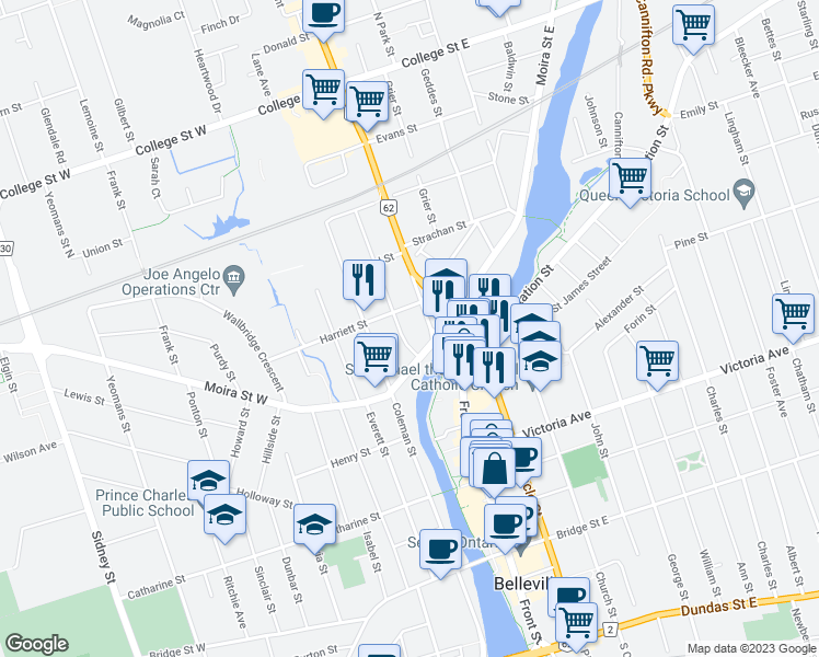 map of restaurants, bars, coffee shops, grocery stores, and more near 14 North Front Street in Belleville
