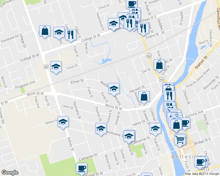 map of restaurants, bars, coffee shops, grocery stores, and more near 48 Wallbridge Crescent in Belleville
