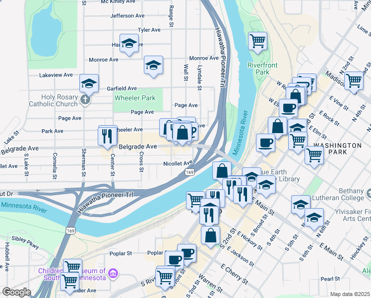 map of restaurants, bars, coffee shops, grocery stores, and more near 250 Belgrade Avenue in North Mankato