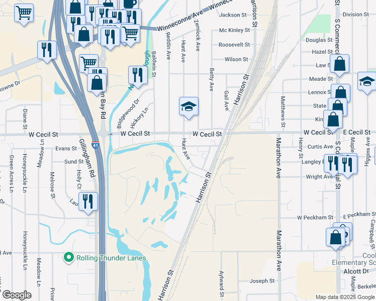 map of restaurants, bars, coffee shops, grocery stores, and more near 749 Fairwood Drive in Neenah