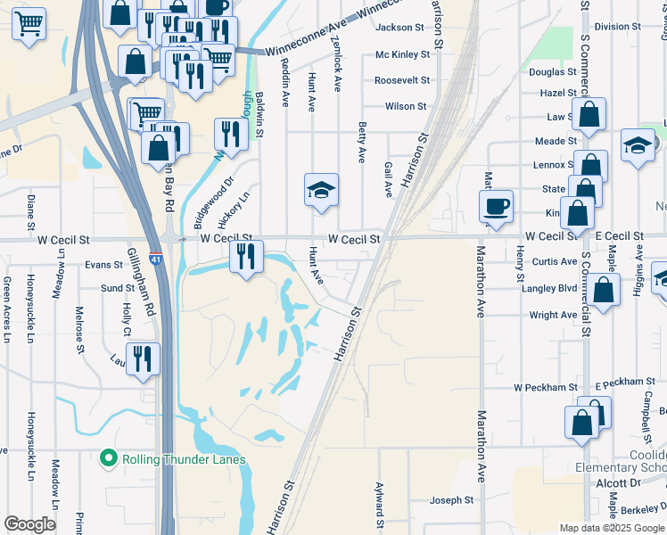 map of restaurants, bars, coffee shops, grocery stores, and more near 749 Fairwood Drive in Neenah