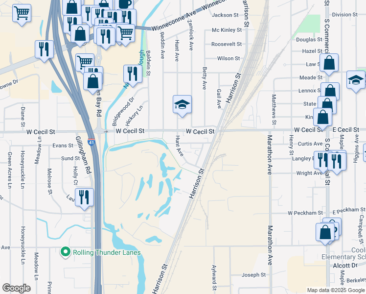 map of restaurants, bars, coffee shops, grocery stores, and more near 749 Fairwood Drive in Neenah
