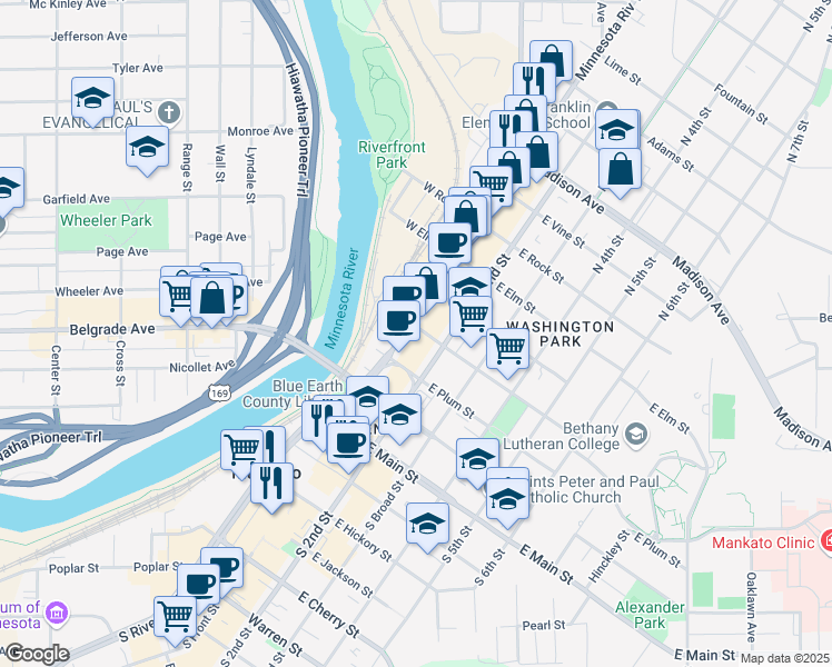 map of restaurants, bars, coffee shops, grocery stores, and more near 402 North Riverfront Drive in Mankato