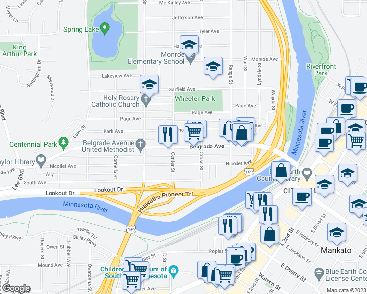 map of restaurants, bars, coffee shops, grocery stores, and more near 442 Belgrade Avenue in North Mankato