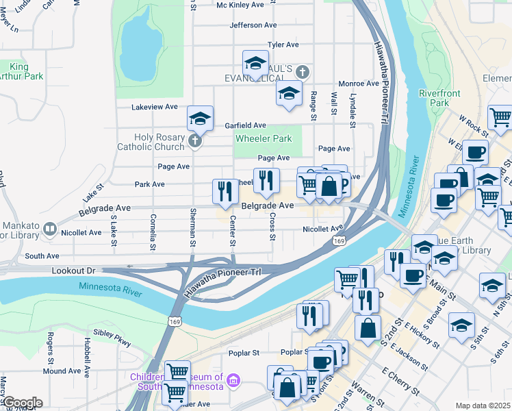 map of restaurants, bars, coffee shops, grocery stores, and more near 442 Belgrade Avenue in North Mankato