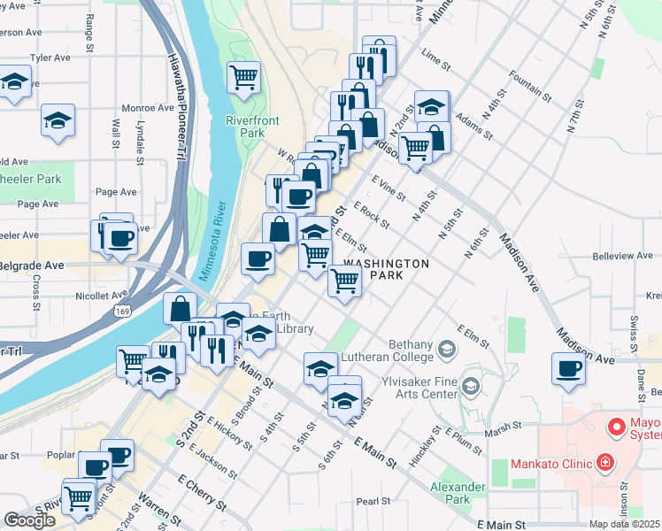 map of restaurants, bars, coffee shops, grocery stores, and more near 501 North 2nd Street in Mankato
