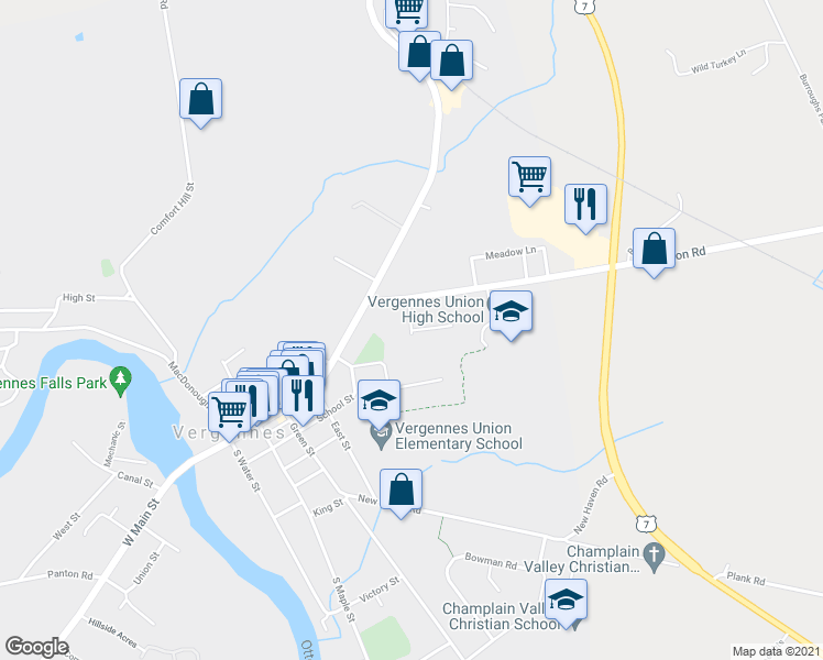 map of restaurants, bars, coffee shops, grocery stores, and more near 58 Walker Avenue in Vergennes
