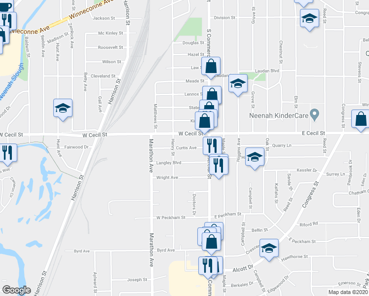 map of restaurants, bars, coffee shops, grocery stores, and more near Curtis Avenue in Neenah