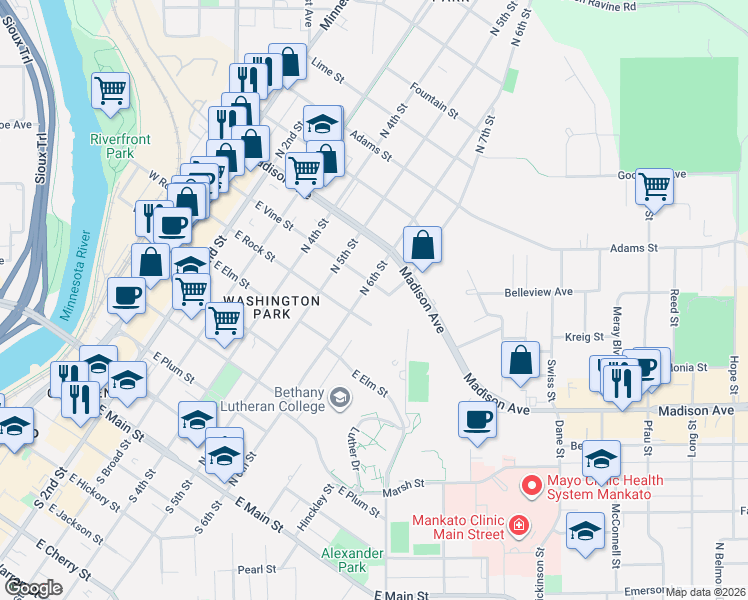 map of restaurants, bars, coffee shops, grocery stores, and more near 727 North 6th Street in Mankato
