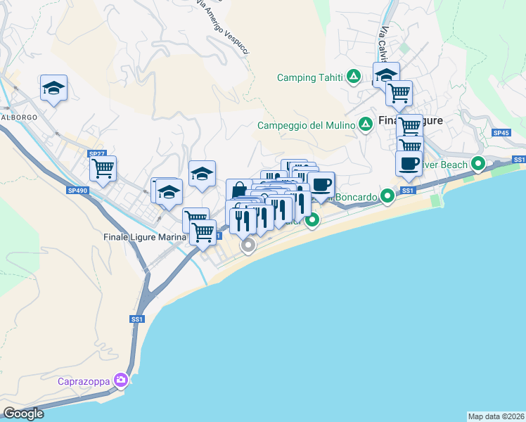 map of restaurants, bars, coffee shops, grocery stores, and more near Via Gian Lorenzo Bernini in Finale Ligure
