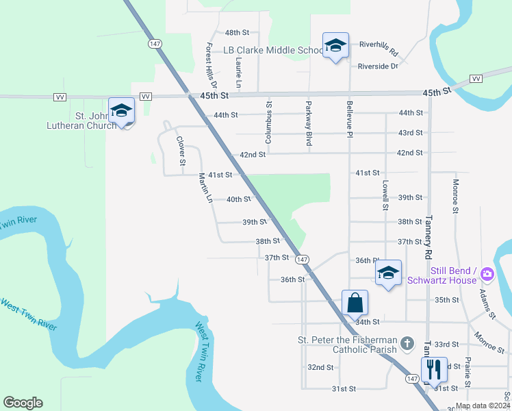 map of restaurants, bars, coffee shops, grocery stores, and more near 2904 40th Street in Two Rivers