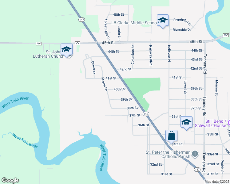 map of restaurants, bars, coffee shops, grocery stores, and more near 2928 40th Street in Two Rivers