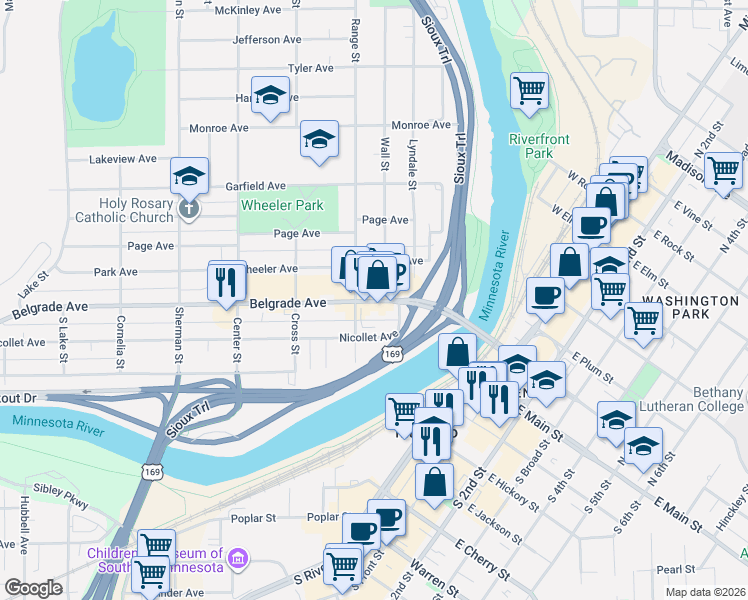 map of restaurants, bars, coffee shops, grocery stores, and more near 250 Belgrade Avenue in North Mankato