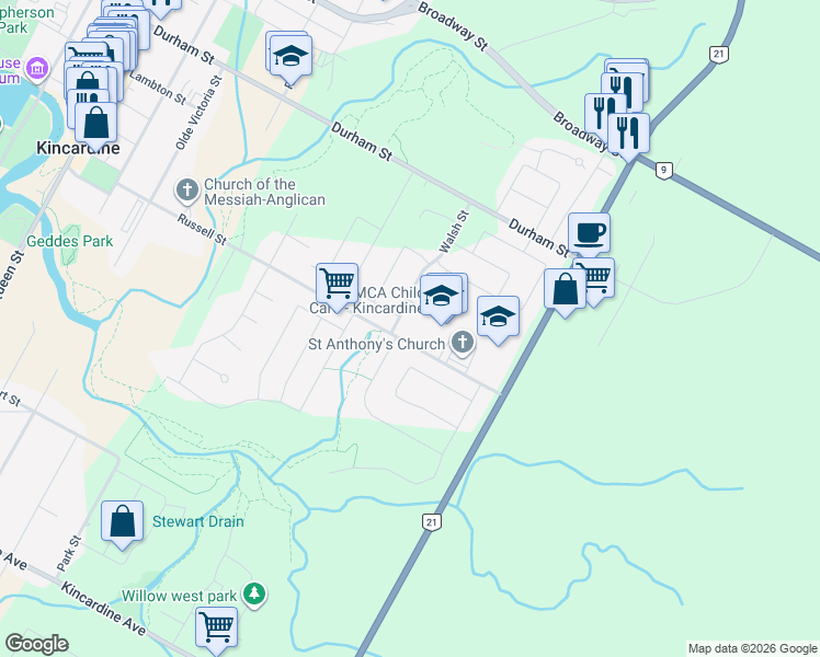 map of restaurants, bars, coffee shops, grocery stores, and more near 741 Walsh Street in Kincardine