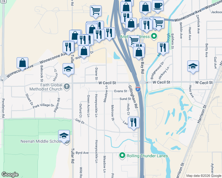 map of restaurants, bars, coffee shops, grocery stores, and more near 981 Evans Street in Neenah