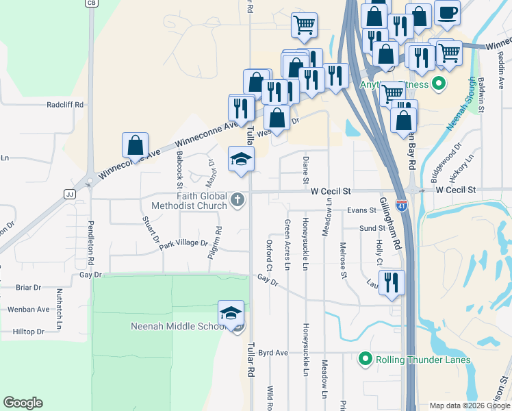 map of restaurants, bars, coffee shops, grocery stores, and more near 1010 Tullar Road in Neenah