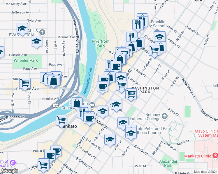 map of restaurants, bars, coffee shops, grocery stores, and more near 415 North Riverfront Drive in Mankato