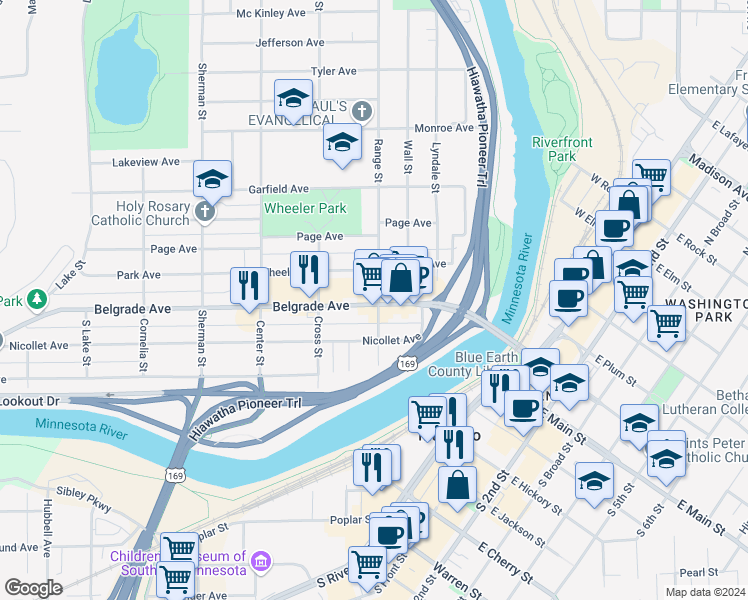 map of restaurants, bars, coffee shops, grocery stores, and more near 314 Belgrade Avenue in North Mankato