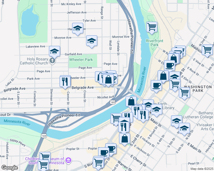 map of restaurants, bars, coffee shops, grocery stores, and more near 250 Belgrade Avenue in North Mankato