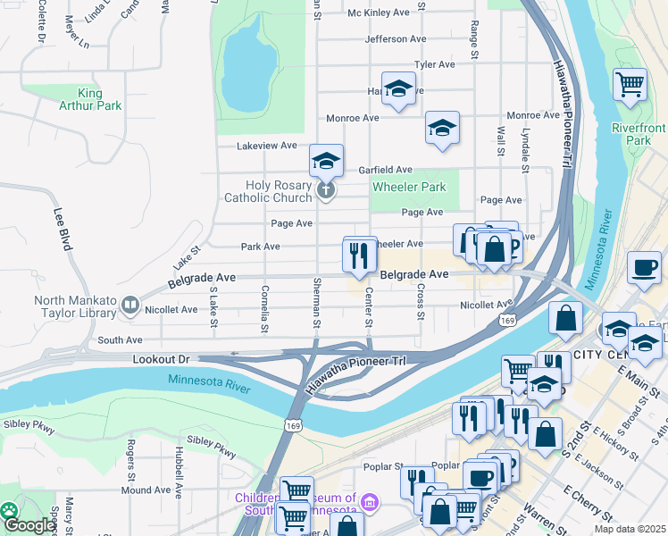 map of restaurants, bars, coffee shops, grocery stores, and more near 532 Belgrade Avenue in North Mankato