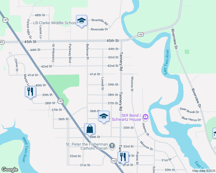 map of restaurants, bars, coffee shops, grocery stores, and more near 2339 39th Street in Two Rivers