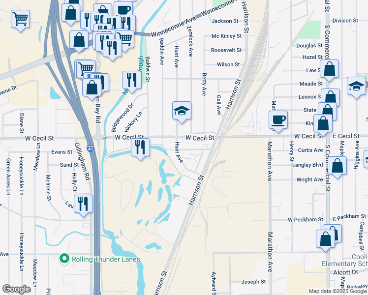 map of restaurants, bars, coffee shops, grocery stores, and more near 749 Fairwood Drive in Neenah