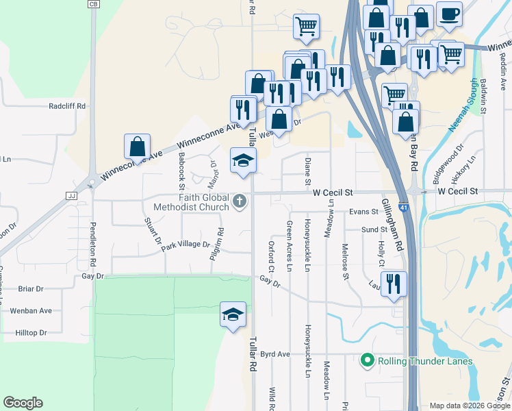 map of restaurants, bars, coffee shops, grocery stores, and more near 1010 Tullar Road in Neenah