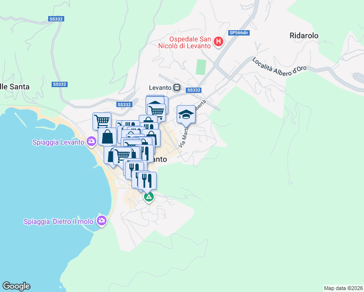 map of restaurants, bars, coffee shops, grocery stores, and more near 26 Salita San Giacomo in Levanto