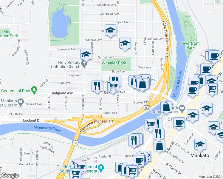 map of restaurants, bars, coffee shops, grocery stores, and more near 424 Belgrade Avenue in North Mankato