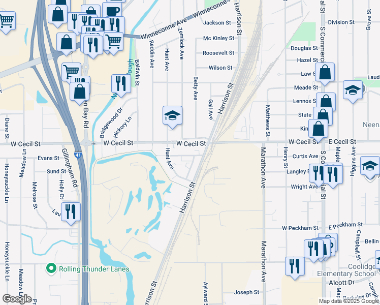 map of restaurants, bars, coffee shops, grocery stores, and more near 725 Fairwood Drive in Neenah