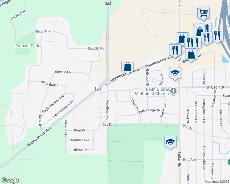 map of restaurants, bars, coffee shops, grocery stores, and more near 1005 Westwind Drive in Neenah