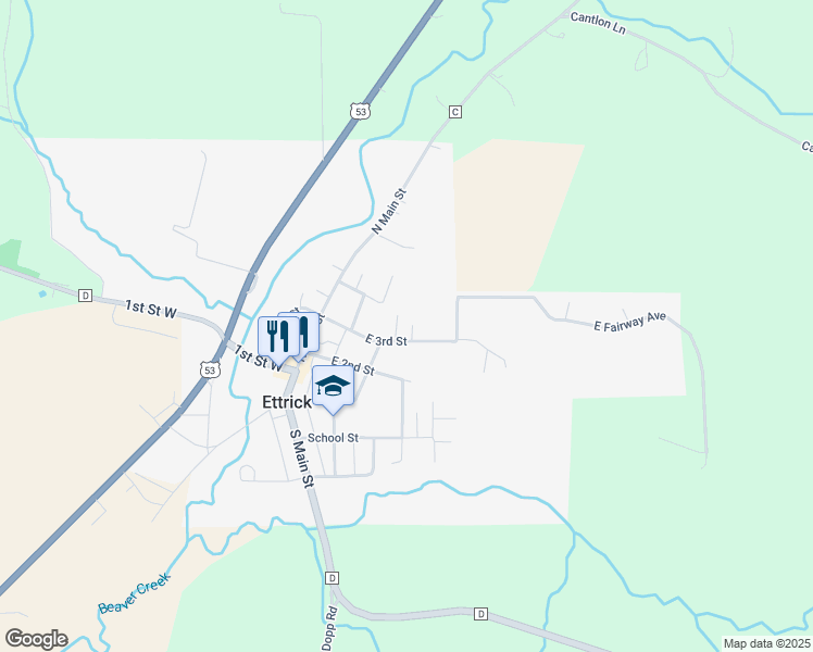 map of restaurants, bars, coffee shops, grocery stores, and more near 22900 North Pine Street in Ettrick