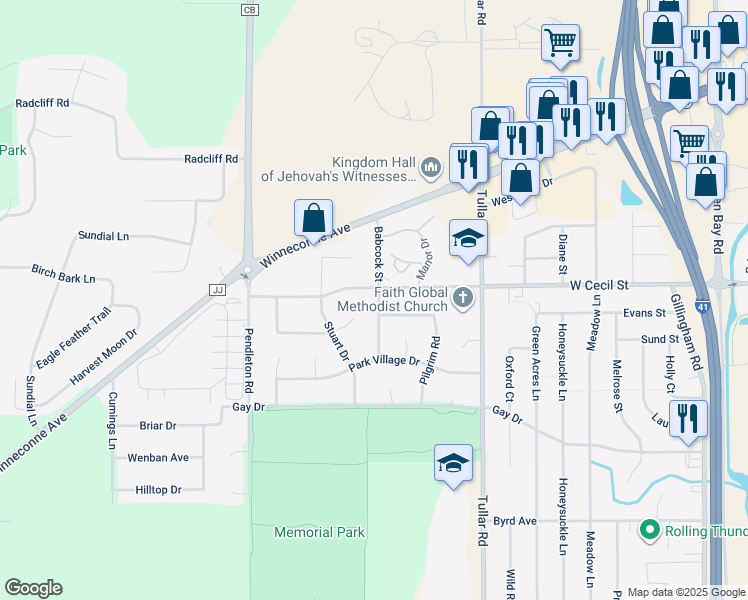 map of restaurants, bars, coffee shops, grocery stores, and more near 1009 Babcock Street in Neenah