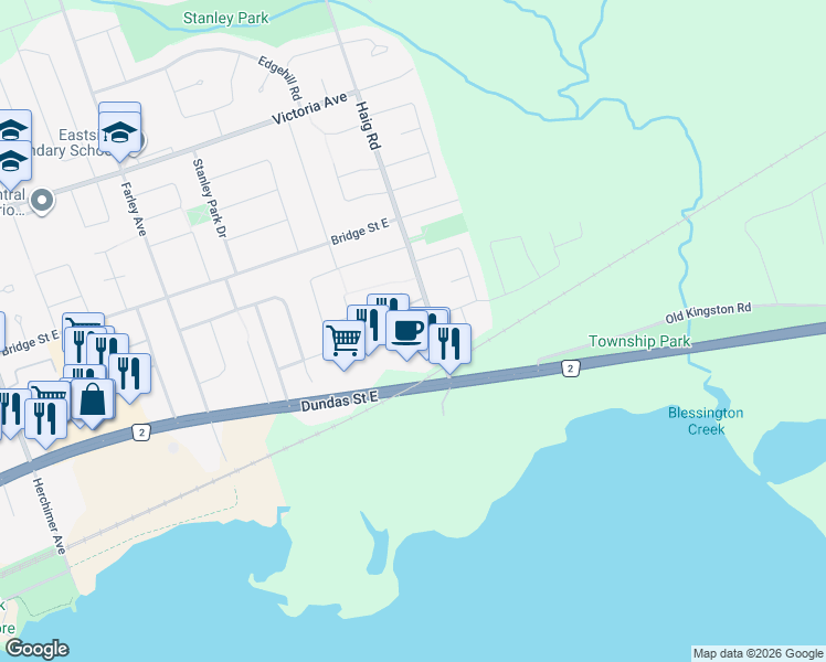 map of restaurants, bars, coffee shops, grocery stores, and more near 180 Haig Road in Belleville