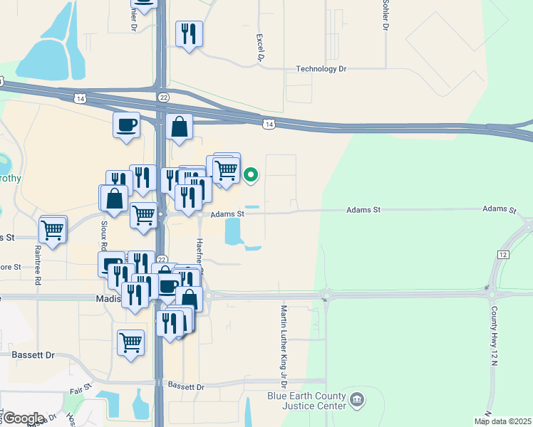 map of restaurants, bars, coffee shops, grocery stores, and more near 2067 Adams Street in Mankato
