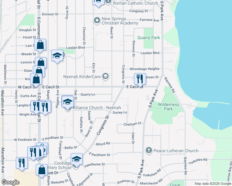 map of restaurants, bars, coffee shops, grocery stores, and more near 811 Reed Street in Neenah