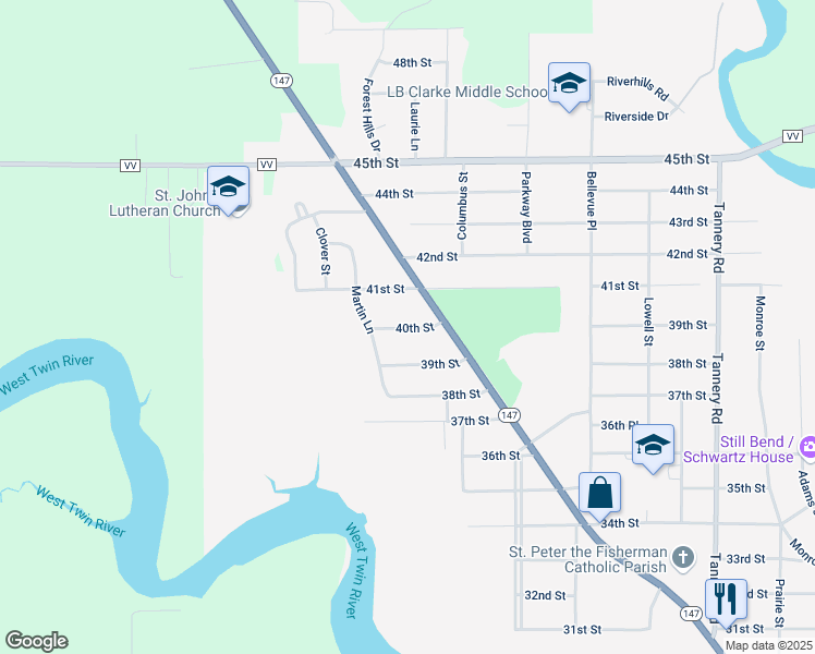 map of restaurants, bars, coffee shops, grocery stores, and more near 2928 40th Street in Two Rivers