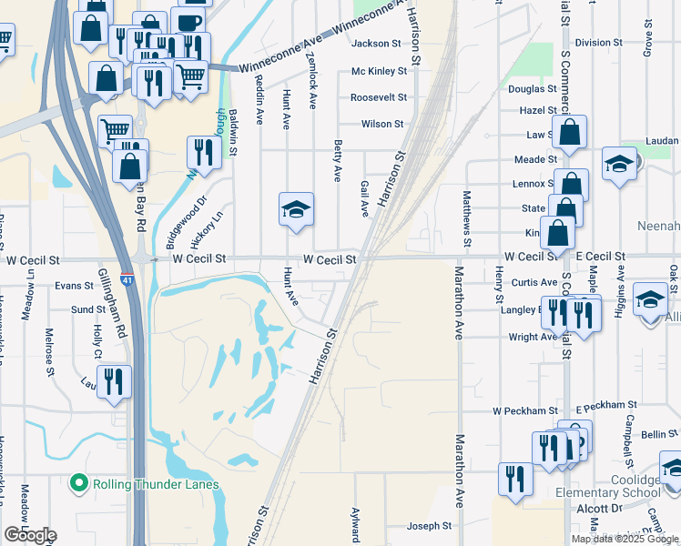 map of restaurants, bars, coffee shops, grocery stores, and more near 725 Fairwood Drive in Neenah