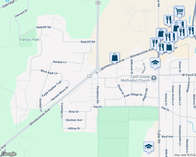 map of restaurants, bars, coffee shops, grocery stores, and more near 1005 Westwind Drive in Neenah