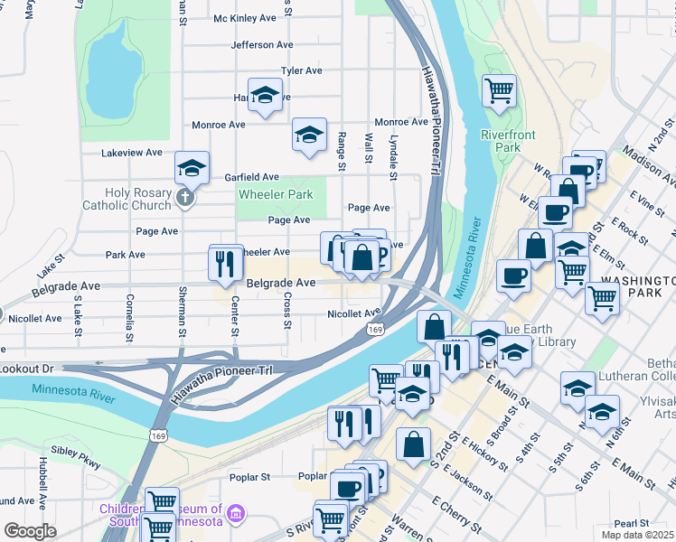 map of restaurants, bars, coffee shops, grocery stores, and more near 314 Belgrade Avenue in North Mankato