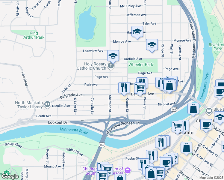 map of restaurants, bars, coffee shops, grocery stores, and more near 532 Belgrade Avenue in North Mankato