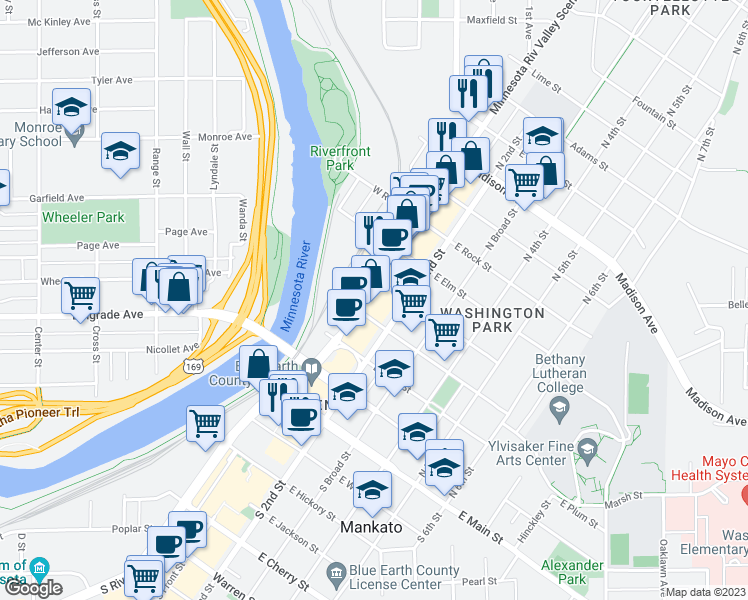 map of restaurants, bars, coffee shops, grocery stores, and more near 415 North Riverfront Drive in Mankato