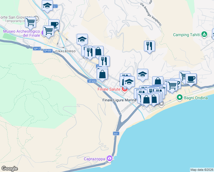 map of restaurants, bars, coffee shops, grocery stores, and more near 50r Viale Dante Alighieri in Finale Ligure