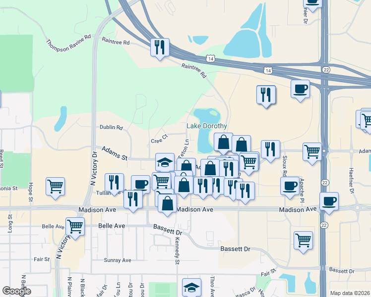 map of restaurants, bars, coffee shops, grocery stores, and more near 50 Teton Lane in Mankato
