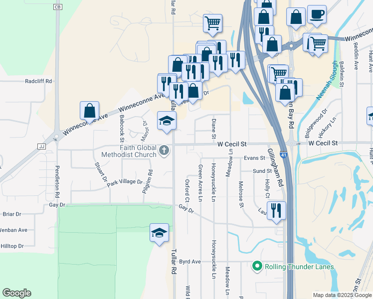 map of restaurants, bars, coffee shops, grocery stores, and more near 1010 Oxford Drive in Neenah