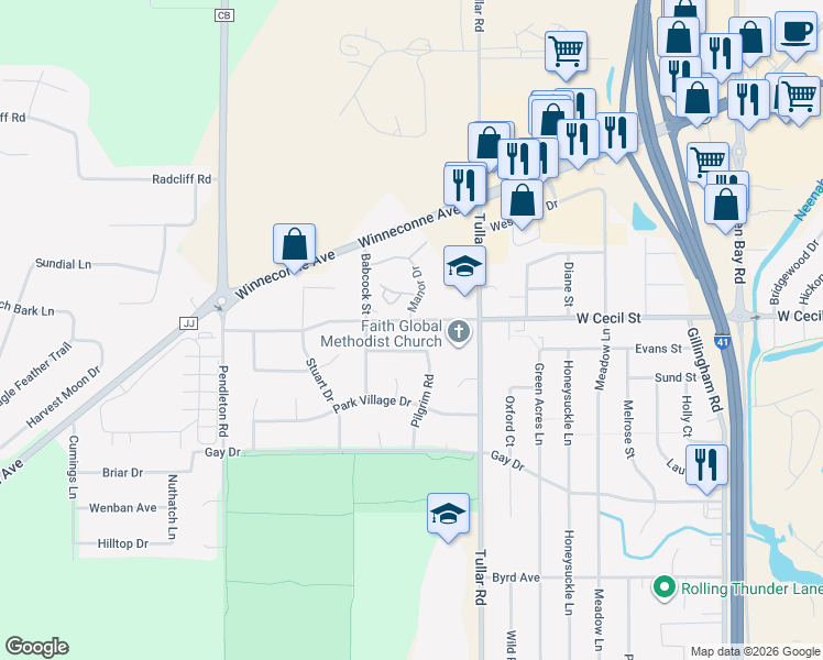 map of restaurants, bars, coffee shops, grocery stores, and more near 1130 West Cecil Street in Neenah